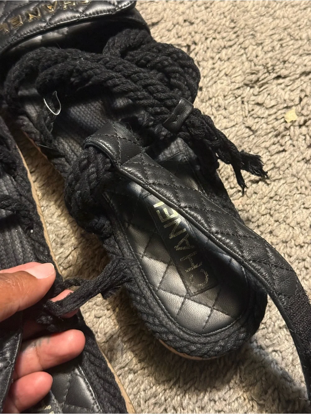 CHANEL Black Quilted Rope Lace-Up Slingback Sandals with Gold Logo